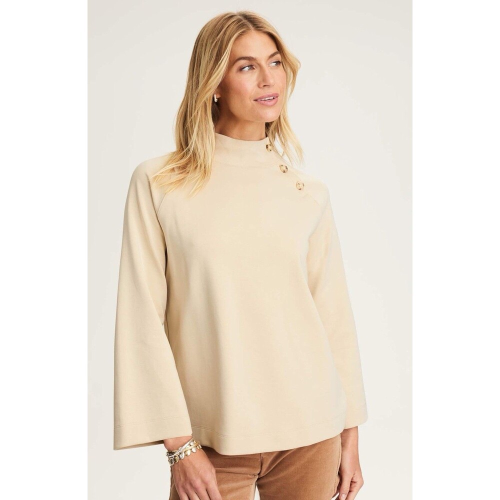 J. Jill Buttoned-Shoulder Knit Top Cream Sz M Mock Neck Cotton Blend Modern